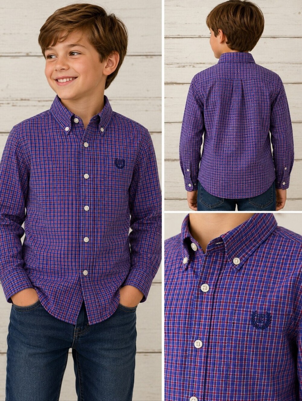 Chaps Blue Red Plaid Collared Button Down Shirt Boy's Size 8 Embroidered Logo